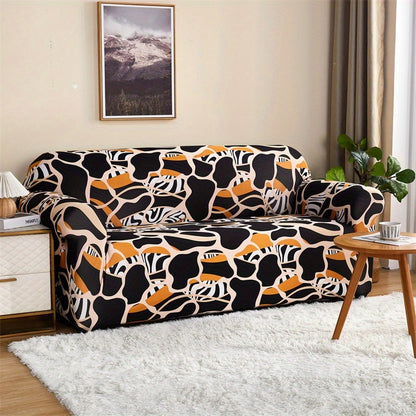 Modern printed sofa slipcover with elastic closure, made of 95% polyester and 5% spandex. Machine washable with active printing and stitched craftsmanship. Fits armchairs to sectional sofas, weighing 100-120gsm fabric.