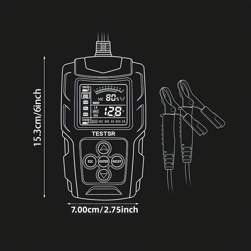 Battery tester for 12v and 24v batteries, compatible with various types including wet, gel, sealed lead-acid, flooded, enhanced flooded, and AGM.