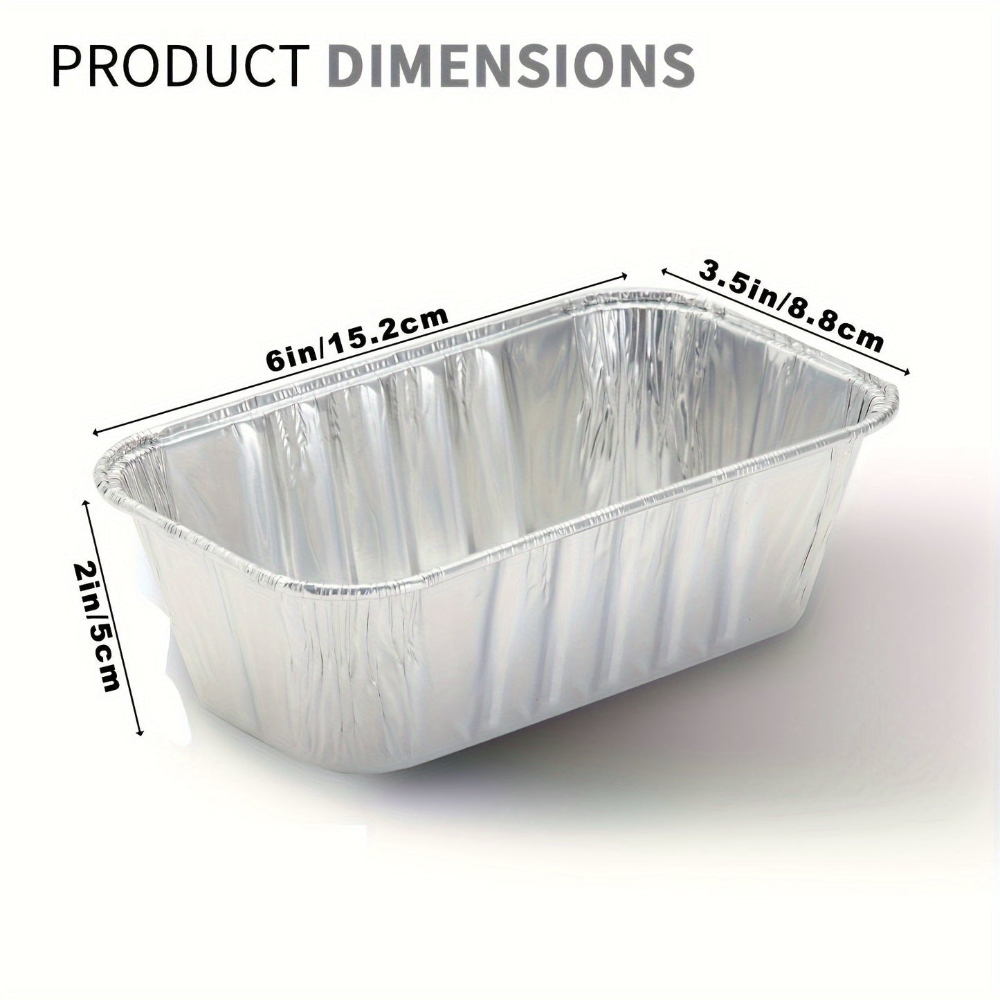 Set of 50 mini loaf pans perfect for baking bread, made of disposable aluminum foil material. Each pan weighs 453.59g and measures 15.24cm X 8.89cm X 5.08cm.