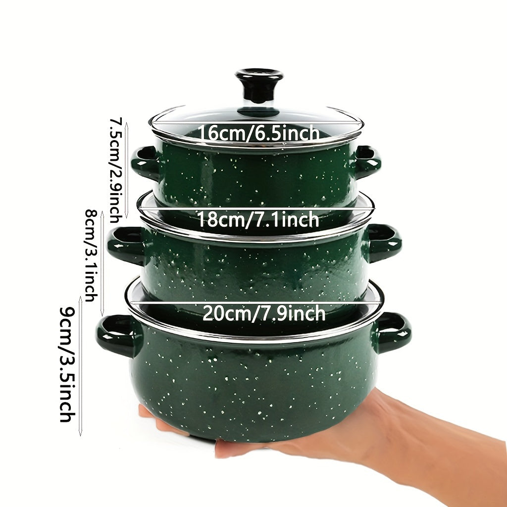 Green Enamel Cookware Set: Includes 3 pieces with the option to upgrade to 5 pieces. Versatile kitchen pots and pans that cater to all cooking needs. Compatible with gas, electric, and induction stoves.