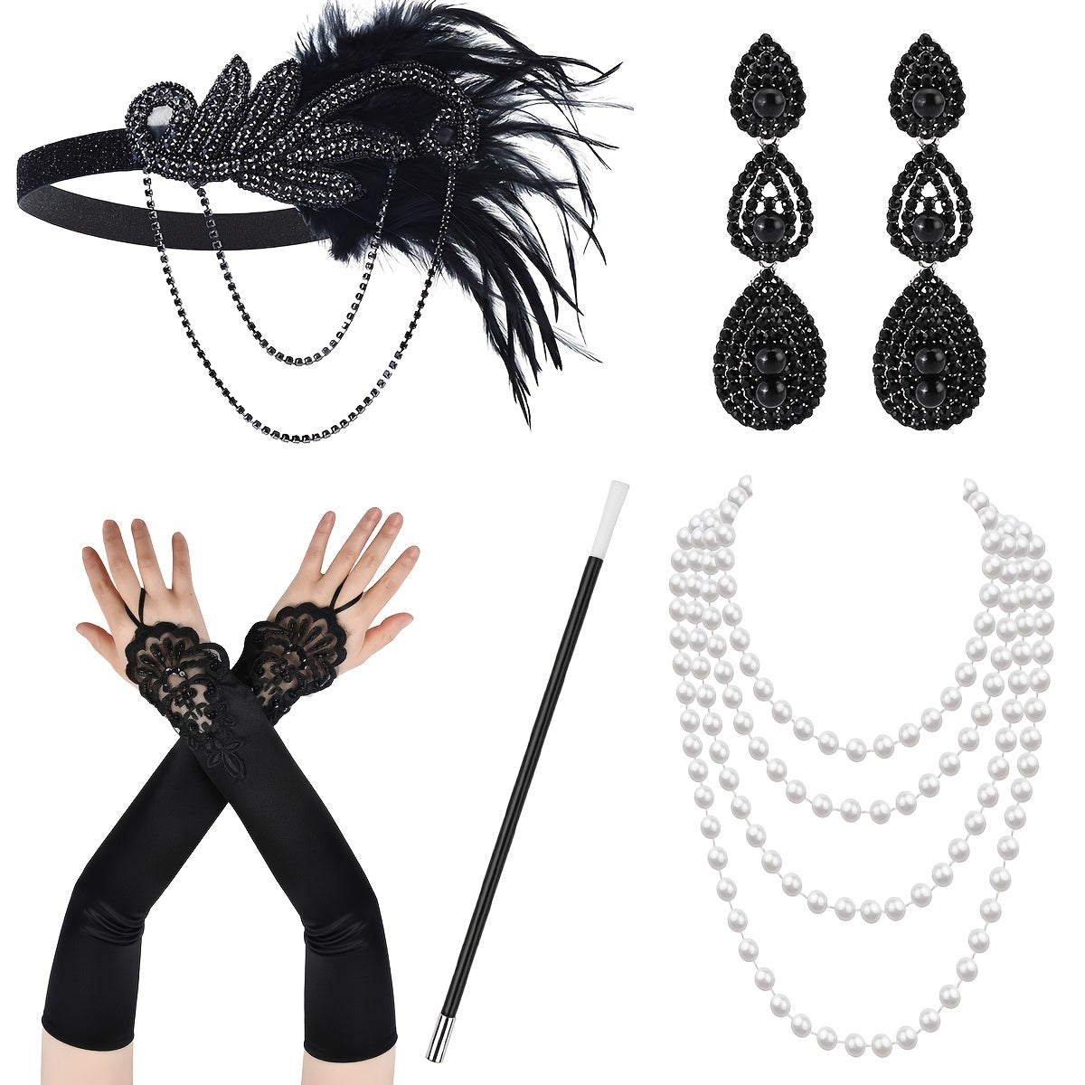 The Gatsby themed set includes a feather headband, gloves, cigarette holder, earrings, pearl necklace, single party makeup, dance Halloween carnival party lady skirt accessories, headwear, hand decoration, long pearl necklace, simulation pipe, and a