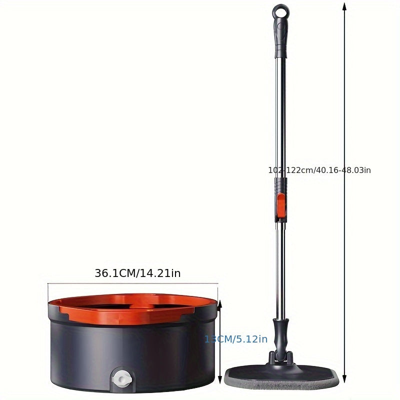 No electricity required for this Spin Mop and Bucket Set, featuring 2 Microfiber Mop Heads and self-cleaning wash system. The 360° rotating square mop is perfect for hardwood, tile, and marble floors in the living room, bedroom, bathroom, kitchen, or