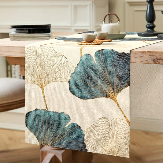 Durable blue green golden ginkgo leaf pattern table runner for rustic farmhouse decor.