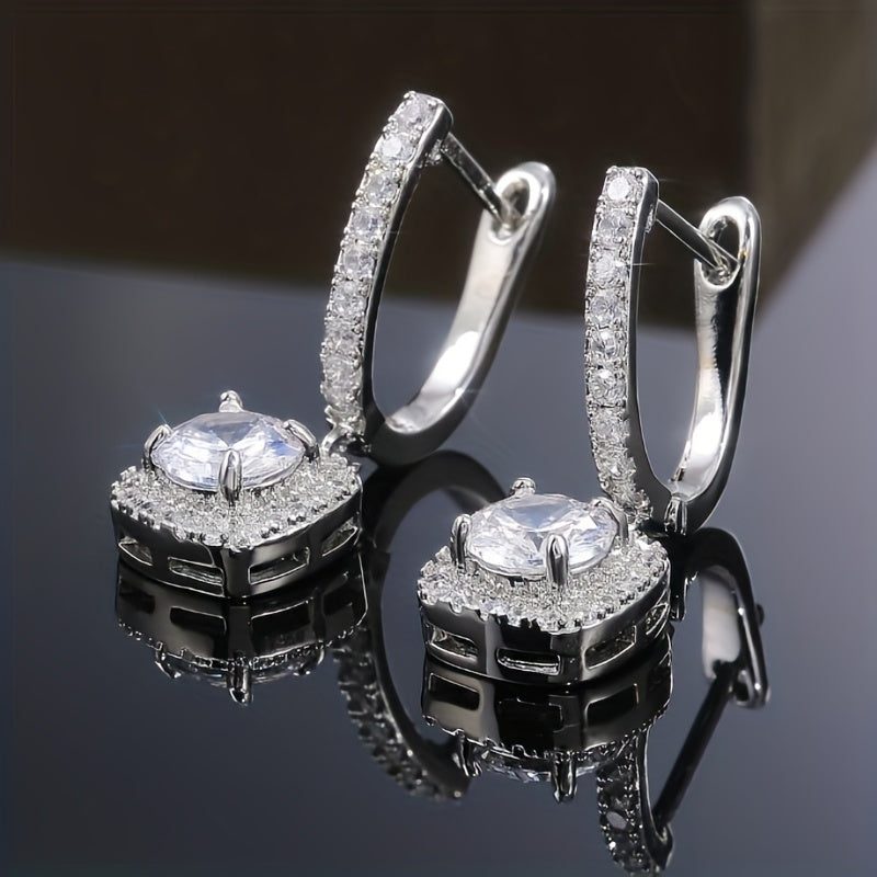 Luxurious Sterling Silver 925 Square Shaped Ear Jewelry with Shiny Zirconia Decoration, Dangle Earrings for a Banquet Party.