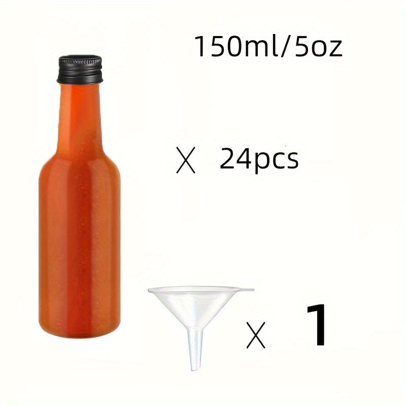 Get a set of 24 5oz Mini Clear Plastic Bottles with Leak-Proof Black Screw Caps, perfect for storing condiments, sauces, and liquor. Made of reusable, odorless PET plastic, these bottles are ideal for use in the kitchen, at parties, and during picnics.