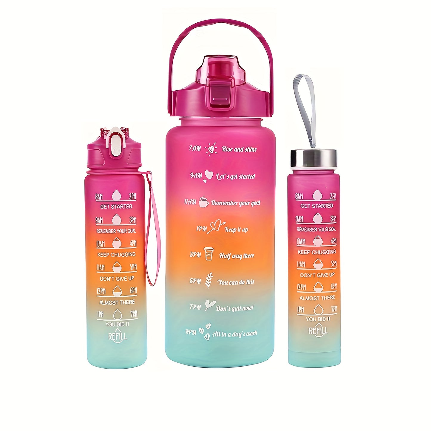 2L/70oz Gradient Water Bottle Set, BPA-free, leak-proof with time marker, straw, and lockable lid - perfect for camping, fitness, and home use. Hand wash only, lightweight, PVC-free.