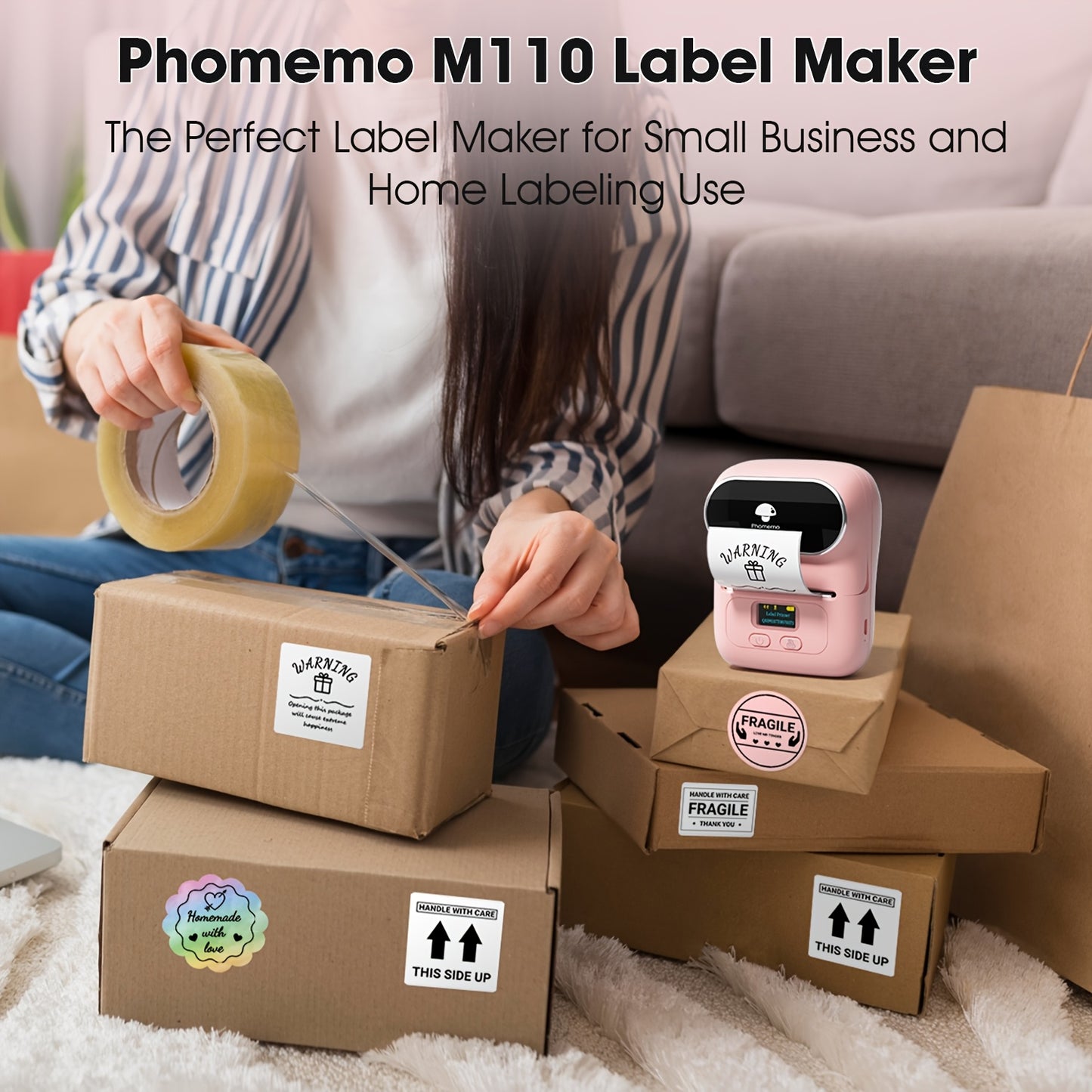 Phomemo M110 Portable Thermal Label Printer for IOS & Android, Barcode Label Maker for Small Business, Office, includes 1 Roll 40x30mm Label, Black.