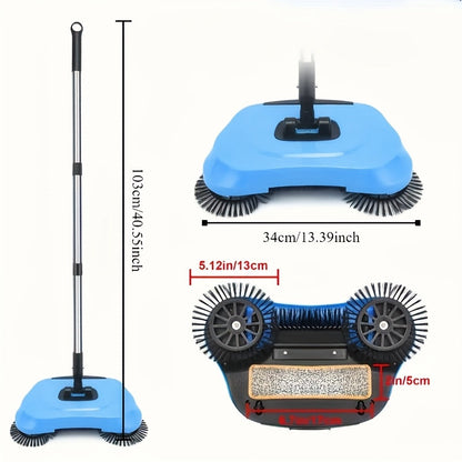 The 3-in-1 Manual Push Sweeper Vacuum is a versatile cleaning tool designed for pet hair, dust, and debris removal on various surfaces including hardwood, tile floors, dry, and wet surfaces. This eco-friendly and electricity-free sweeper is perfect for