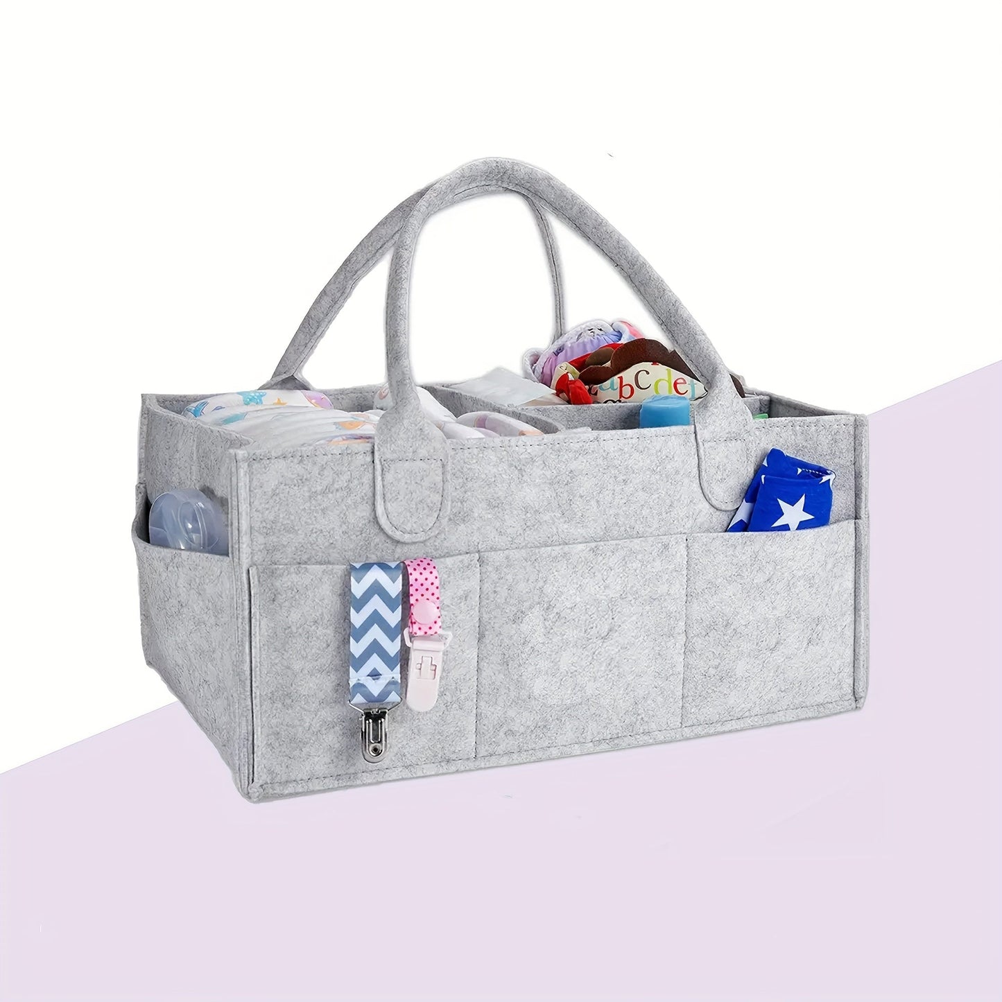 Diaper Organizer Set with Lid - Includes 1pc Felt Diaper Bag Organizer, Diaper Caddy Nursery Basket, Tote Bag, Mommy Handy Organizer, and Stroller Diaper Organizer. Portable for Car Travel in Gray - Great as a Halloween, Thanksgiving, or Christmas Gift!