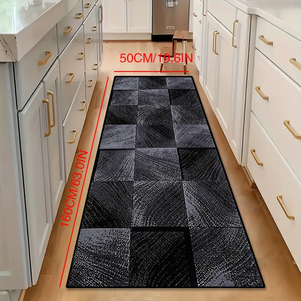 Durable Black Checkered Crystal Velvet Runner Rug made from Machine Washable Polyester, featuring a Stain Resistant Non-Slip Medium Pile perfect for Hallways and Living Rooms. This Comfortable and Durable Rug is also an Indoor Decorative Anti-Slip Floor