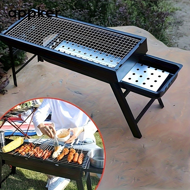 Portable folding charcoal BBQ grill with iron construction, perfect for picnics, camping, and backyard cookouts. Easy to transport and store with a black finish, ideal for grilling various