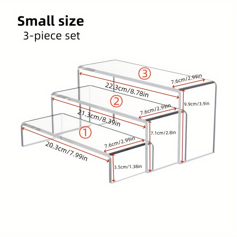 1 piece of a 3-layer, 3-piece set of transparent thickened U-shaped storage racks for dessert tables, figures, perfume storage and display. This multifunctional acrylic transparent display stand is perfect for showcasing desserts, dolls, cosmetics, and