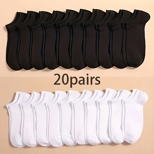 20 breathable ankle socks in versatile solid colors. Made of polyester blend, machine washable, and suitable for all seasons. Cute and comfortable.