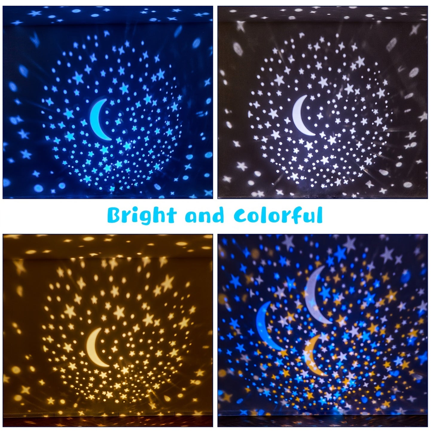 PIKOY Star Projector Night Light features 15 films, 7 colors, music speaker, remote timer, 360° rotation, silent operation, plastic shade, dual power options, infrared sensor, and