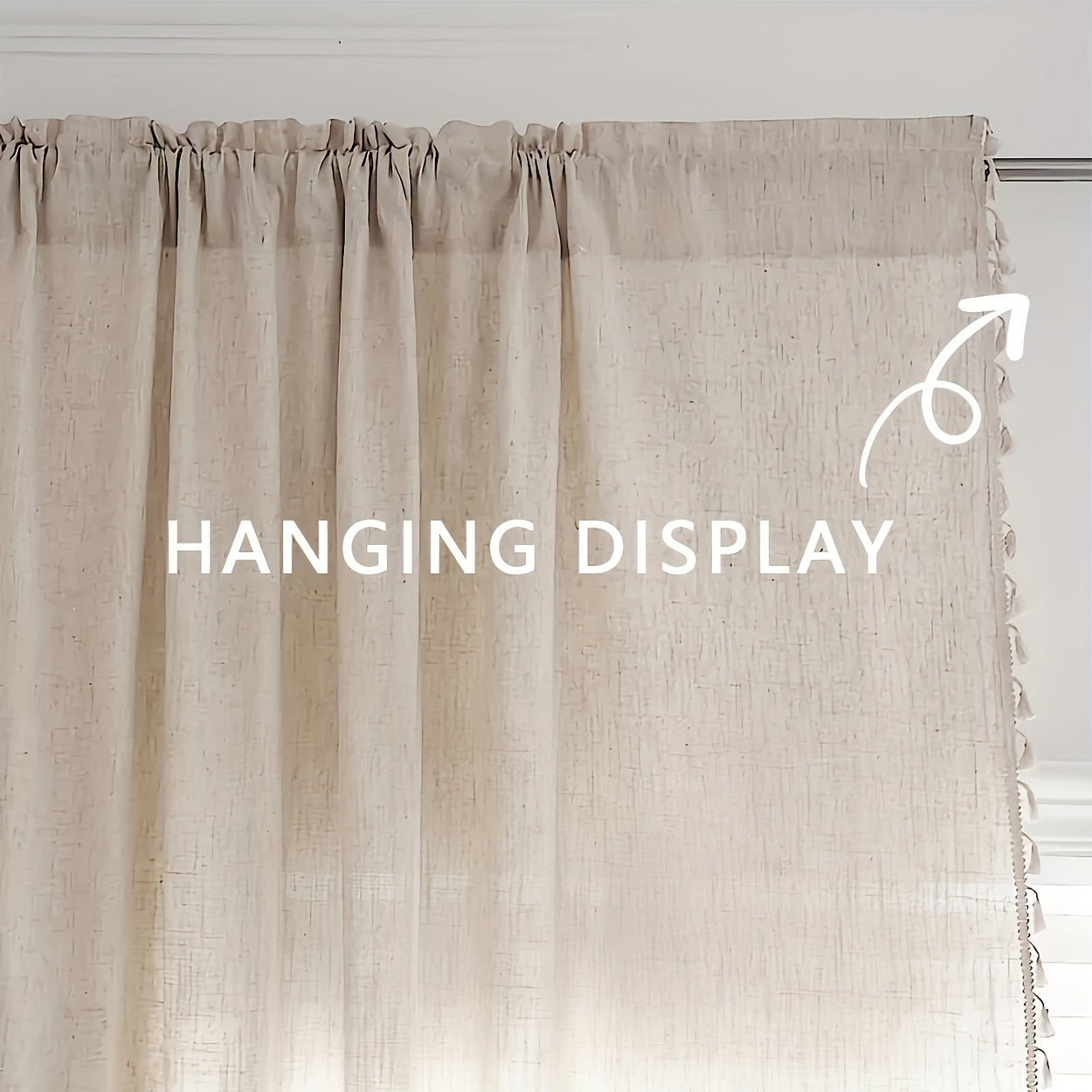 Single Bohemian Lace Curtain with Rod Design, Crafted from Solid Color Linen for Both Light and Privacy, Comes in Natural Wood Color, Sold Individually.