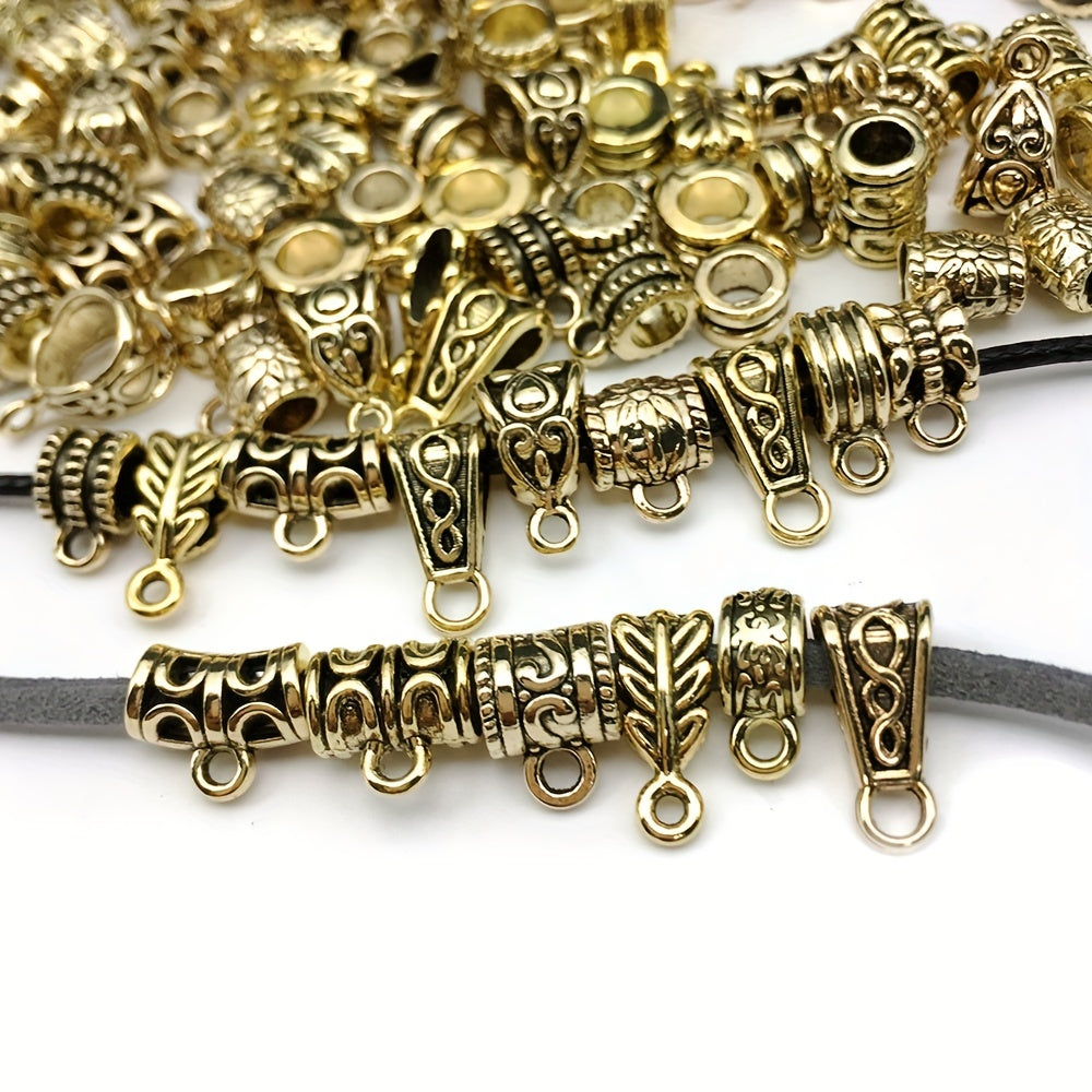 Get creative with these 120 pieces of Antique Golden Zinc Alloy Bail Tube Beads! Perfect for adding a touch of charm to your European bracelet pendants and other jewelry making projects. These versatile spacer beads are ideal for crafting accessories and