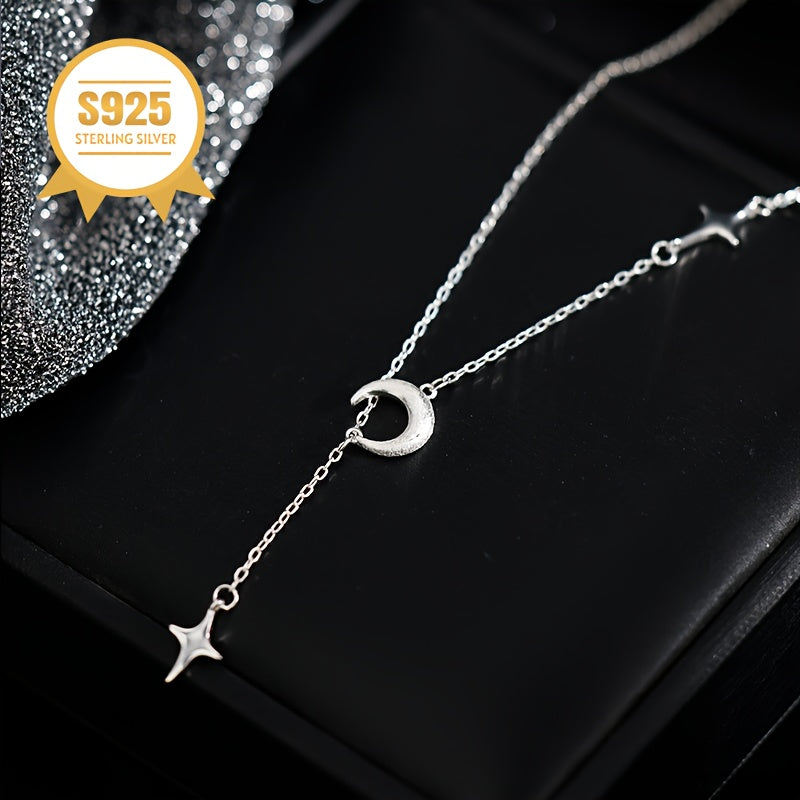 This elegant necklace is designed for women with allergies, crafted from 925 sterling silver. It features a charming star and moon tassel pendant, showcasing a minimalist and one-of-a-kind design. Ideal for Valentine's Day or Mother's Day gifts, it comes