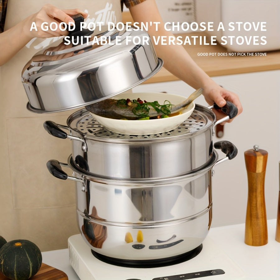 This durable 4-piece Stainless Steel Steamer Set features a 3-tier stackable design for both steaming and cooking. The set includes a soup pot, steamer rack, steaming tray, and lid, all designed for even heat distribution. The anti-scald electric wood