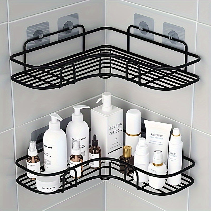 Rust-resistant stainless steel corner shower rack for storing bathroom products.