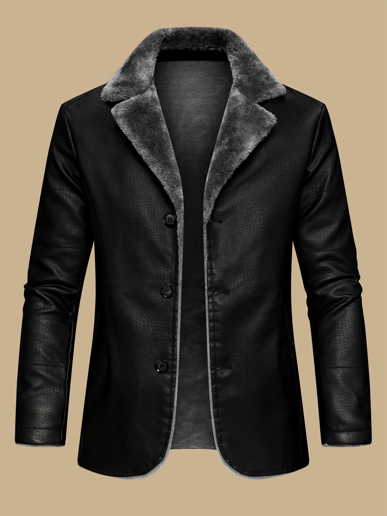 Men's warm jacket with faux fur lining, windproof for autumn/winter daily and leisure wear, made of fleece and PU leather.