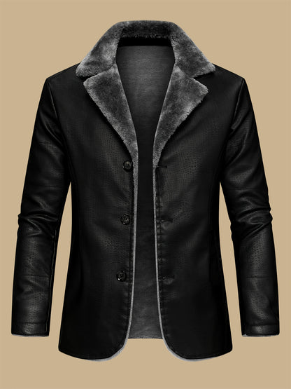 Men's warm jacket with faux fur lining, windproof for autumn/winter daily and leisure wear, made of fleece and PU leather.