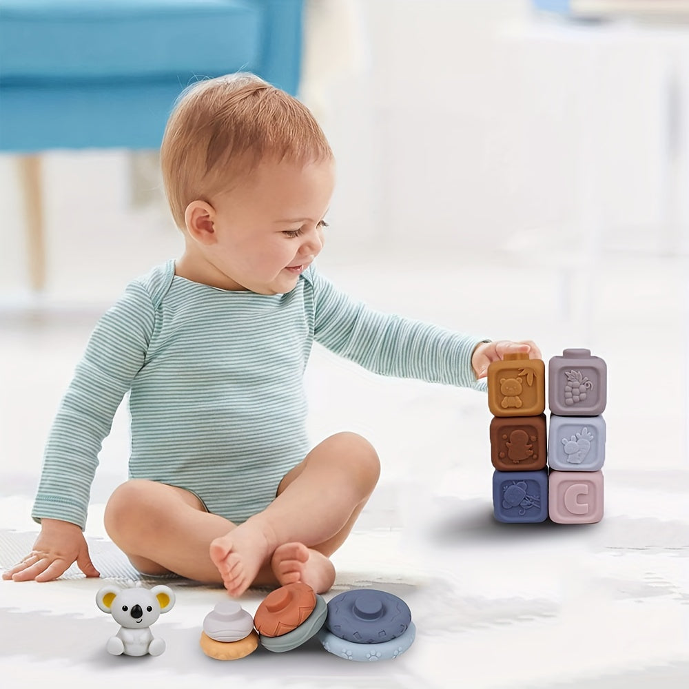 Set of 13 PVC Soft Stacking and Nesting Blocks with Teething Koala, Includes 2-in-1 Building and Stacking Toys, Ideal Early Educational Activity for Infants and Toddlers aged 6 Months to 3 Years