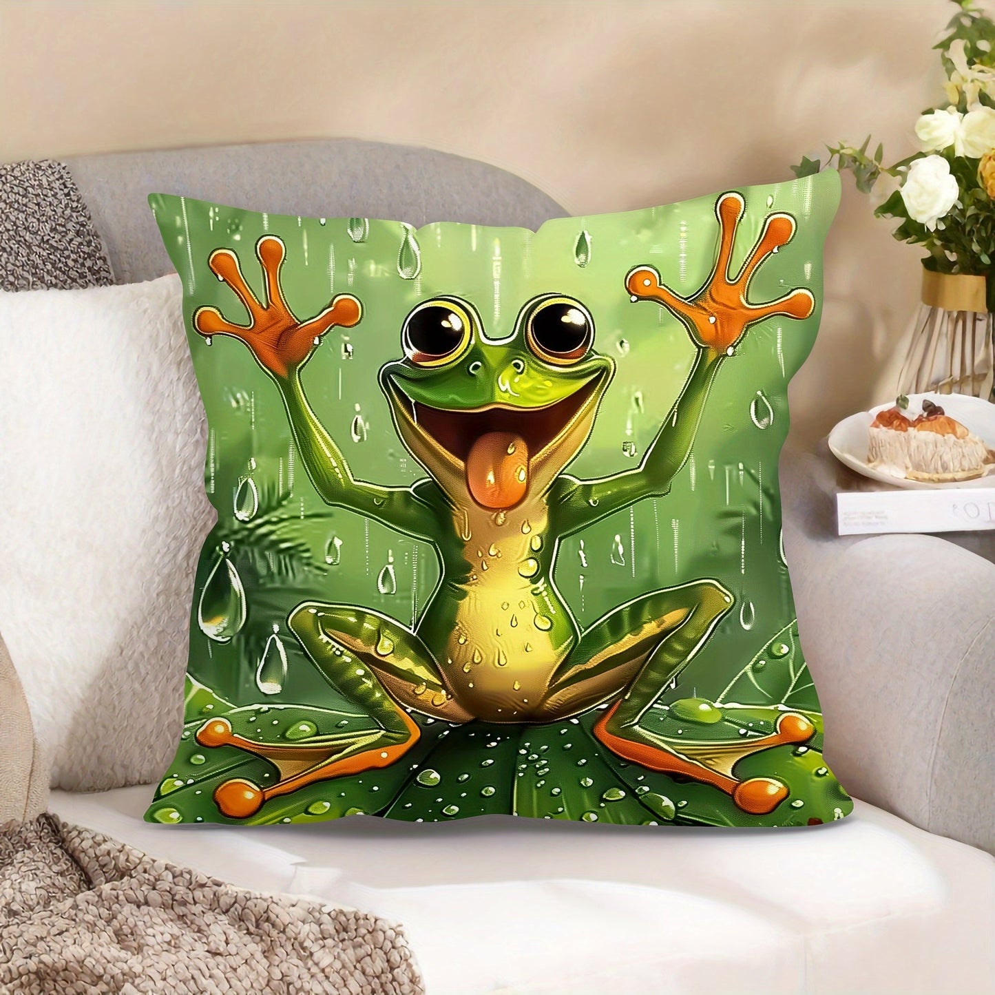 Modern Frog design Plush Throw Pillow Cover, made of soft Polyester with Zipper Closure for easy washing. This Decorative Pillowcase is suitable for use in Home, Office, or Car. The size is 44.96cm x 44.96cm with a Single Sided Print design (1pc