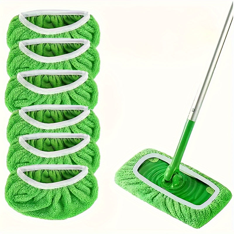 Get a set of 6 green reusable mop pads that are washable, durable, and highly absorbent for wet and dry floor cleaning. Made from high-quality polyester fiber, these mop pads are easy to attach and ideal for use on hardwood, tile, and linoleum floors.