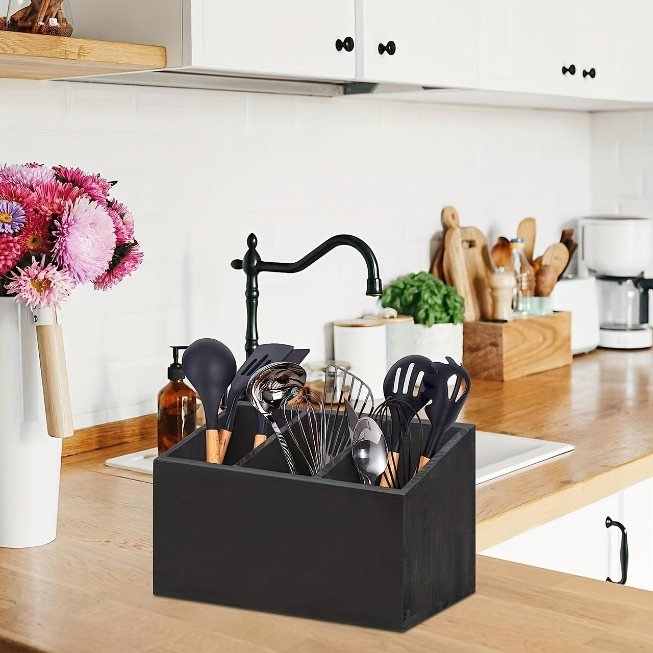 Farmhouse Style Wooden Tableware Rack with 2 Layers of Tableware Boxes - Ideal for Organizing and Storing Kitchen Items - Finished in Black