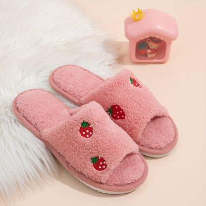 Strawberry embroidered open-toe slippers for women, with cozy comfort, lightweight design, non-slip sole, and machine washable.