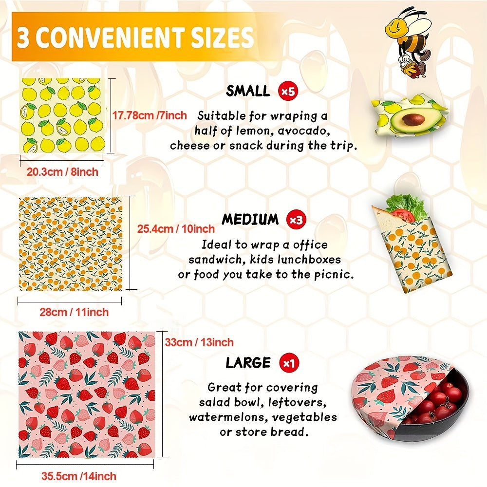 Set of 9 High-Quality Beeswax Food Wraps - Eco-Friendly, Organic Reusable Covers in Small, Medium, and Large Sizes for Kitchen and Home Decor