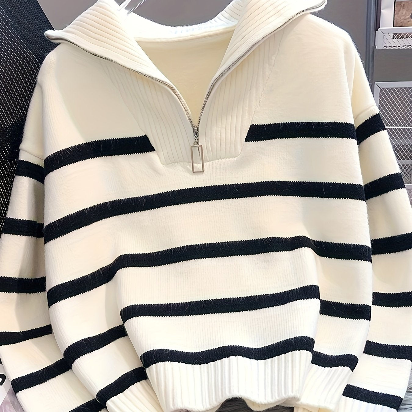 Cozy, thick zip-up sweater for women with chic stripes, perfect for spring/fall, machine washable.