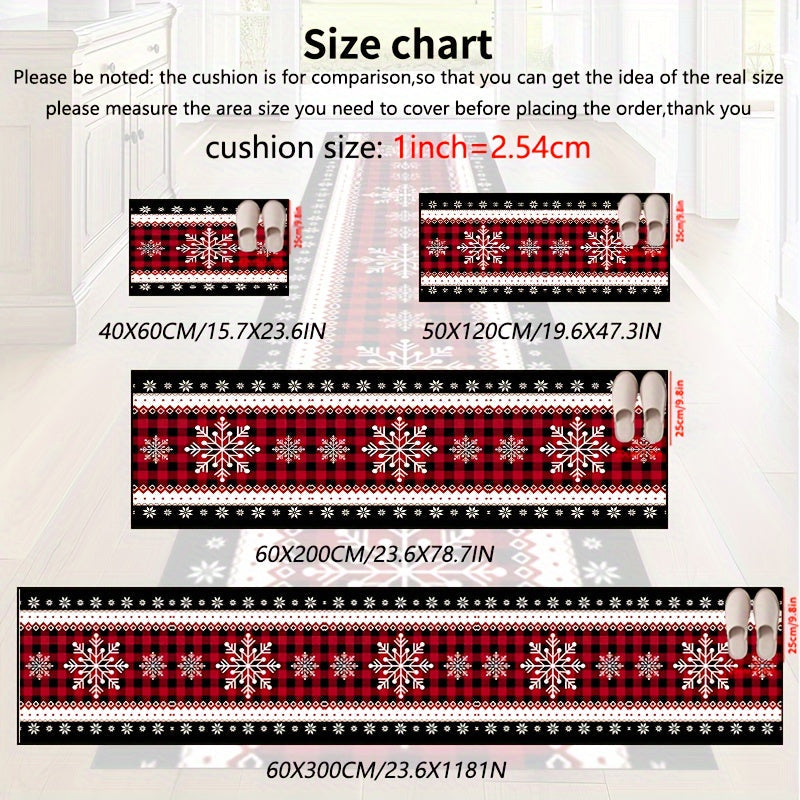 Christmas Snowflake Runner Rug in Festive Design, Non-Slip Polyester Tapestry, Machine Washable, Perfect Holiday Decor for Entryway, Living Room, Bedroom, Outdoor Patio, Garden - Features Black and Red Grid Design