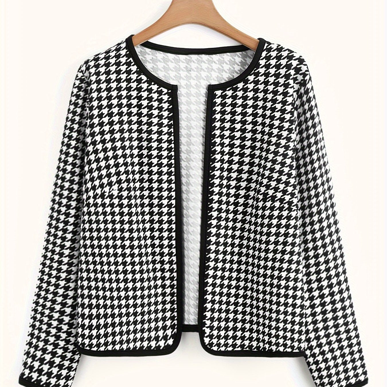 Stylish Plus Size Houndstooth Jacket with Contrast Trim for Women