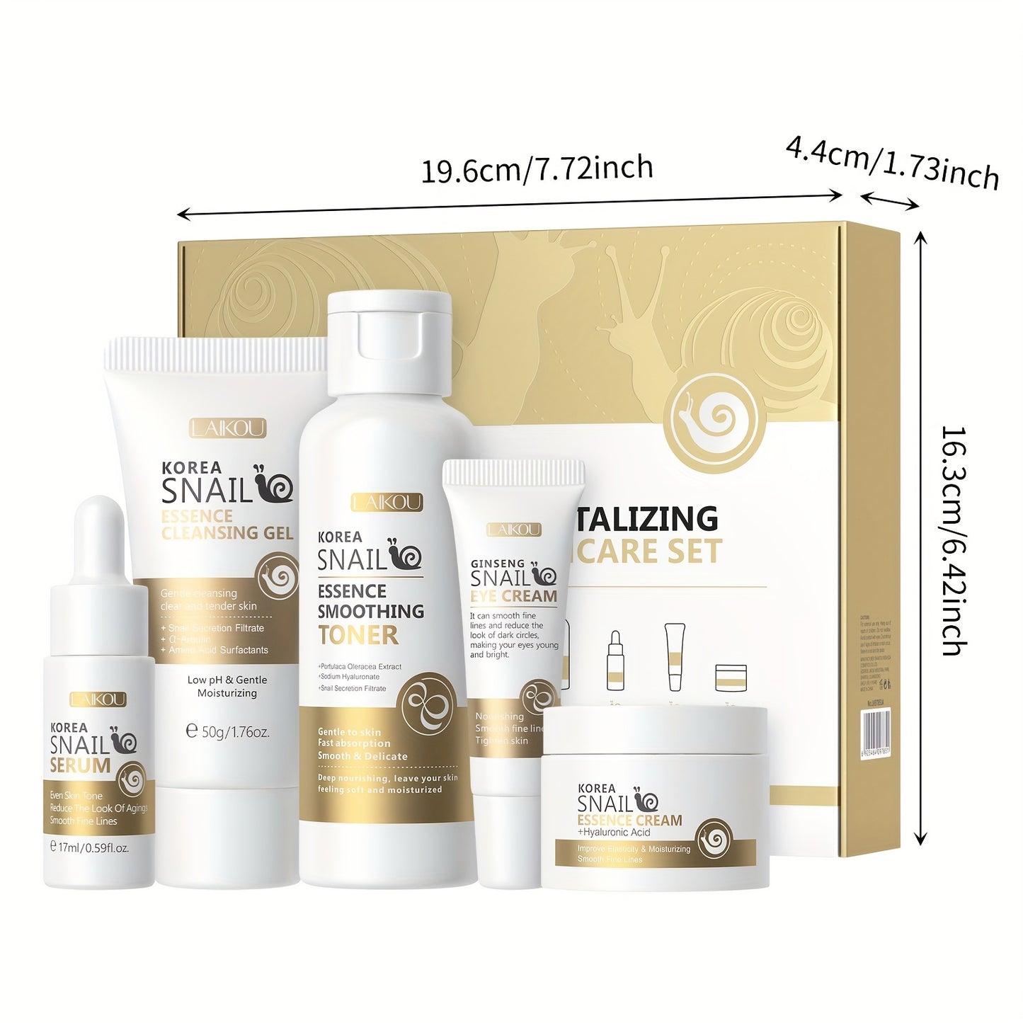 Korean Snail Revitalizing Skincare Set includes 5pcs & 10pcs; unisex adult skincare set with essence, serum, cleansing gel, and cream. Formaldehyde-free with glycerin for all skin types