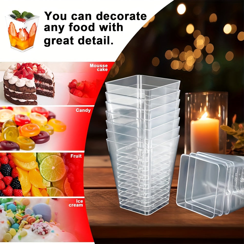 Get a 10-Pack of 5oz Multipurpose Plastic Dessert Cups - Clear Mini Square Cups perfect for Parties, Parfaits, Appetizers, Fruit, and Pudding. These recyclable cups are ideal for Christmas, Halloween, Hanukkah, Thanksgiving, and Ramadan celebrations.