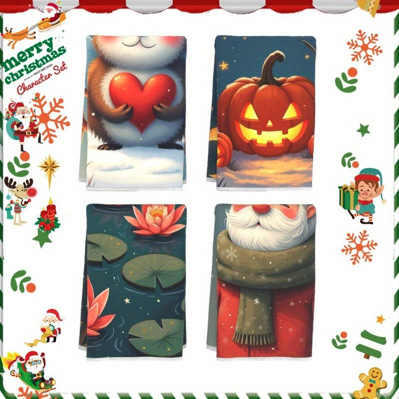 Set of four 45.72X66.04 cm holiday-themed kitchen towels featuring reindeer, elk, Christmas trees, Santa Claus, and casnh design.