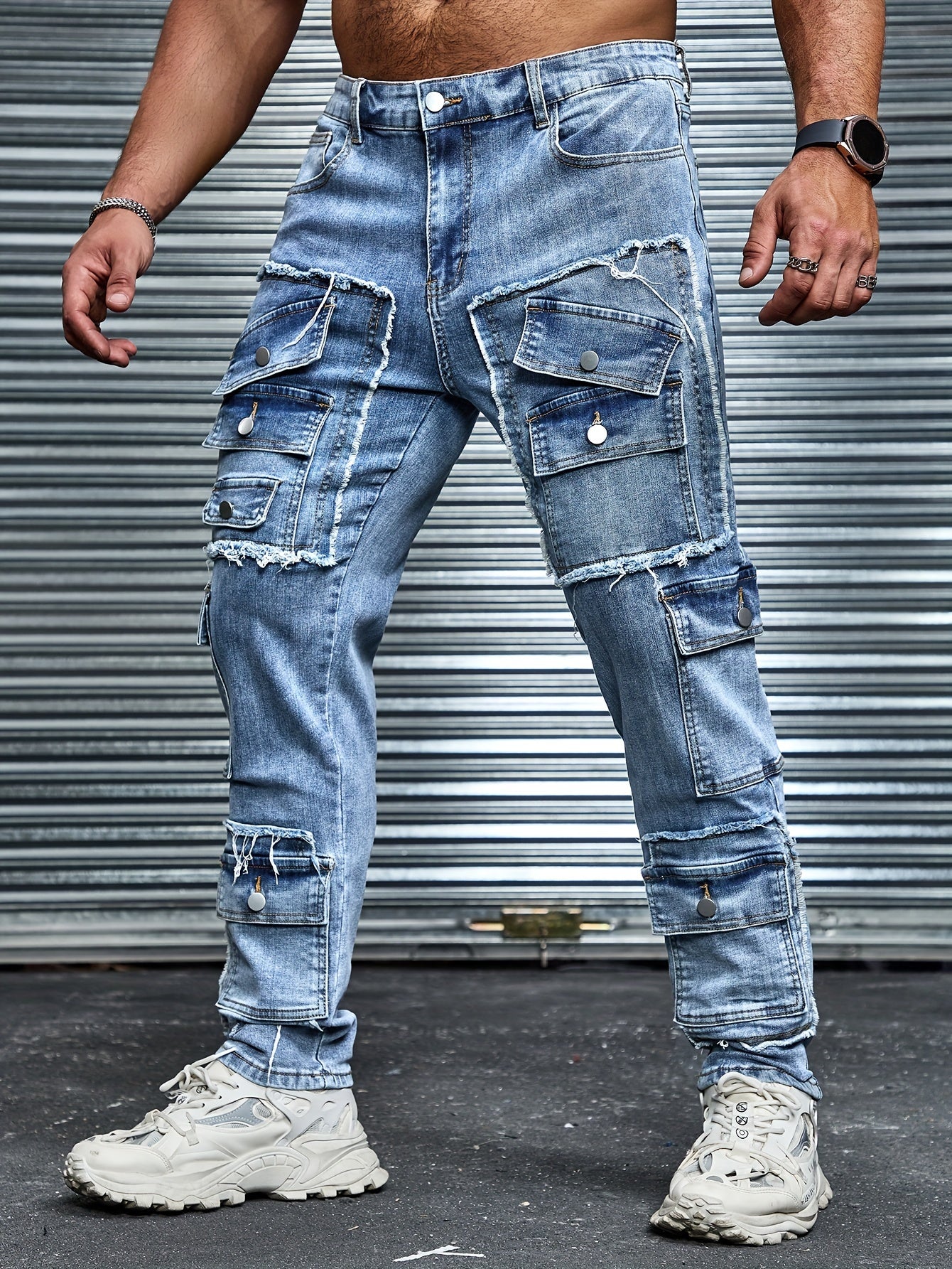 Plus size men's denim jeans with multiple pockets, distressed style, and comfort fit for everyday wear.