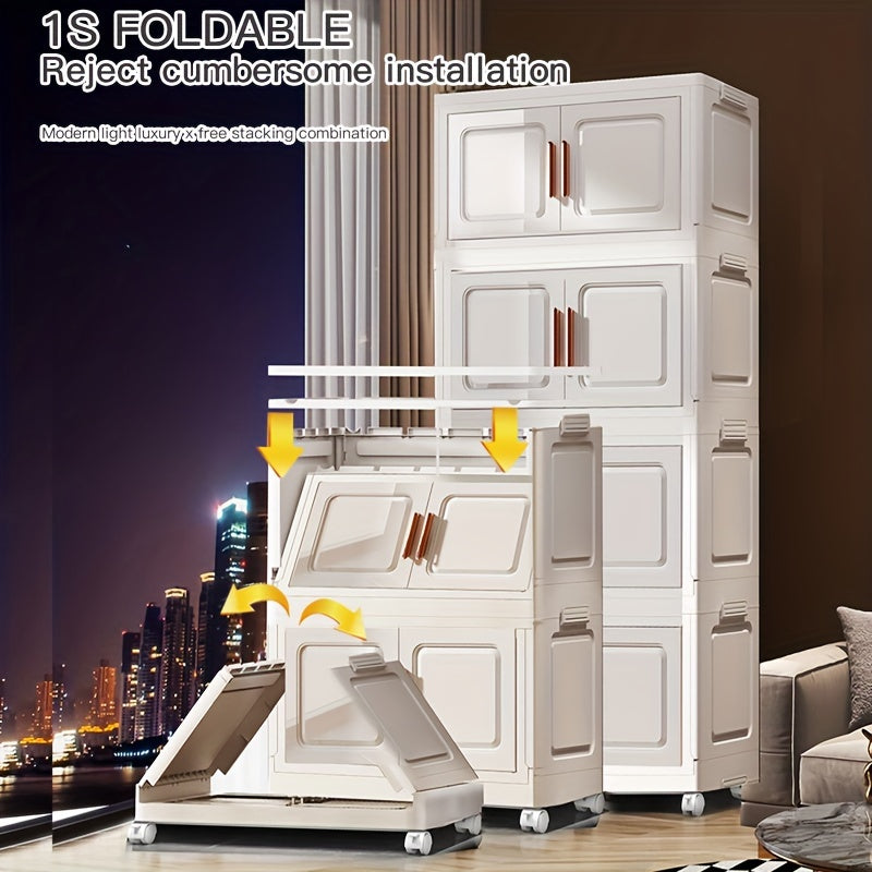 Foldable PP storage organizer rack with universal wheels, double doors, and stackable tiered shelf, versatile for various spaces.