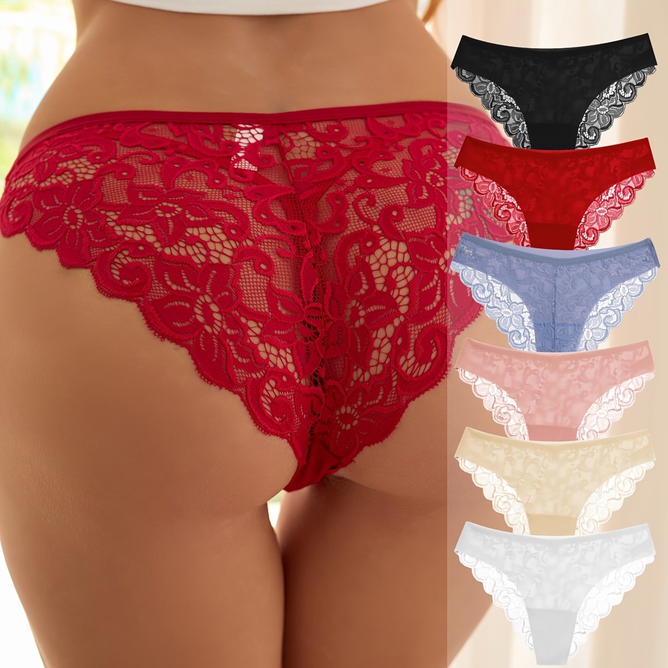 6-piece set of low-rise lace panties for women in various colors, made of breathable nylon with floral lace pattern.