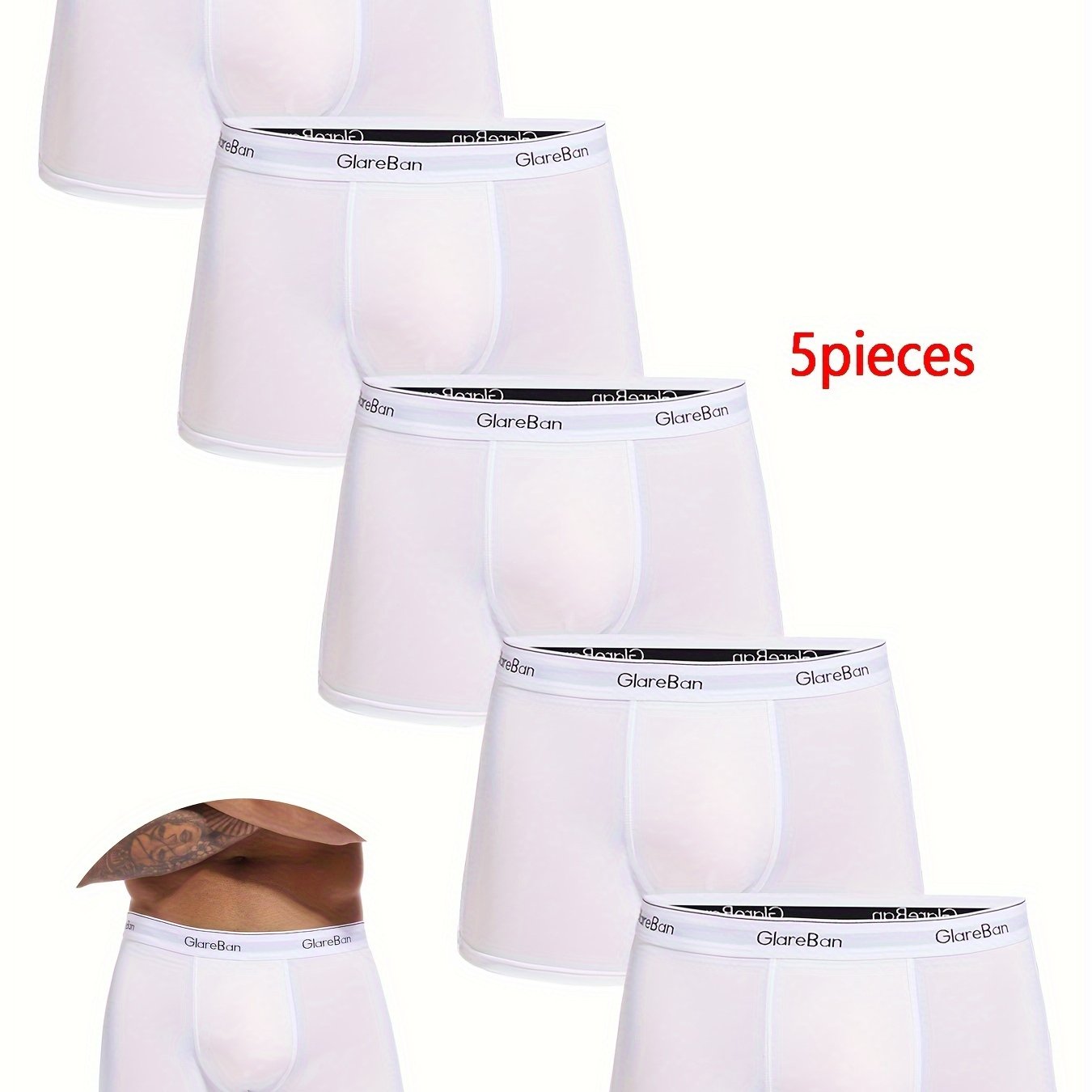 Men's white boxer shorts, 5 pcs in polyester blend with elastic waistband. Durable, breathable, machine washable, ideal for casual wear.