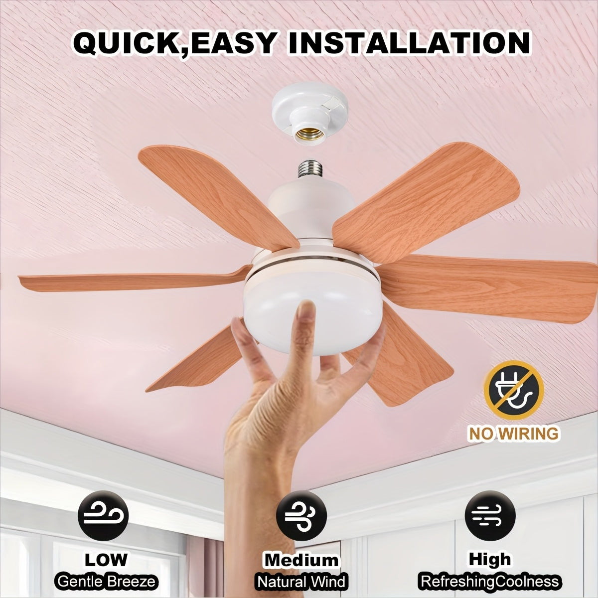 Wood Grain LED Ceiling Fan Light with Remote Control, 5 wooden blades, suitable for multiple rooms, cool & warm light modes, easy installation.