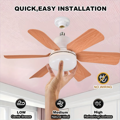 Wood Grain LED Ceiling Fan Light with Remote Control, 5 wooden blades, suitable for multiple rooms, cool & warm light modes, easy installation.