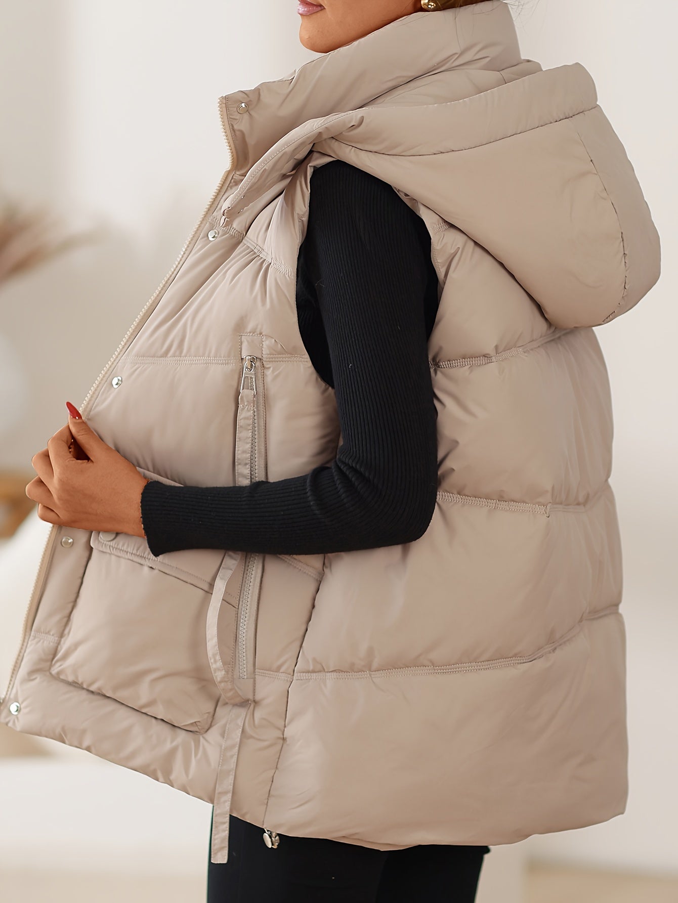 Solid color padded vest jacket for fall & winter, plus size women's clothing with stand-up collar.