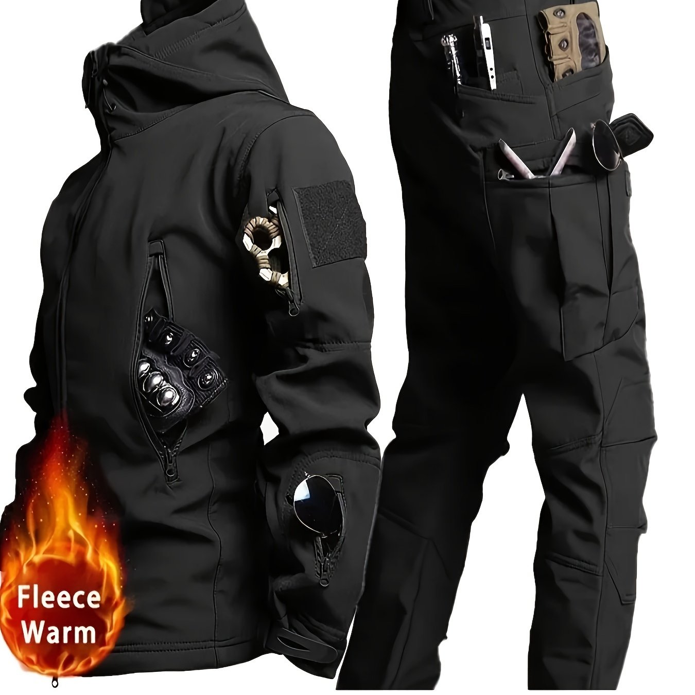 Two-piece men's casual sports suit includes a waterproof and breathable cargo set for outdoor sports, complete with a fleece multi-pocket hooded quick-drying jacket.