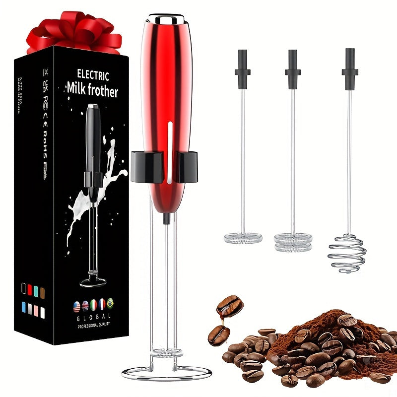 Battery operated handheld milk frother for creating creamy foam in drinks, perfect for coffee and cappuccinos.