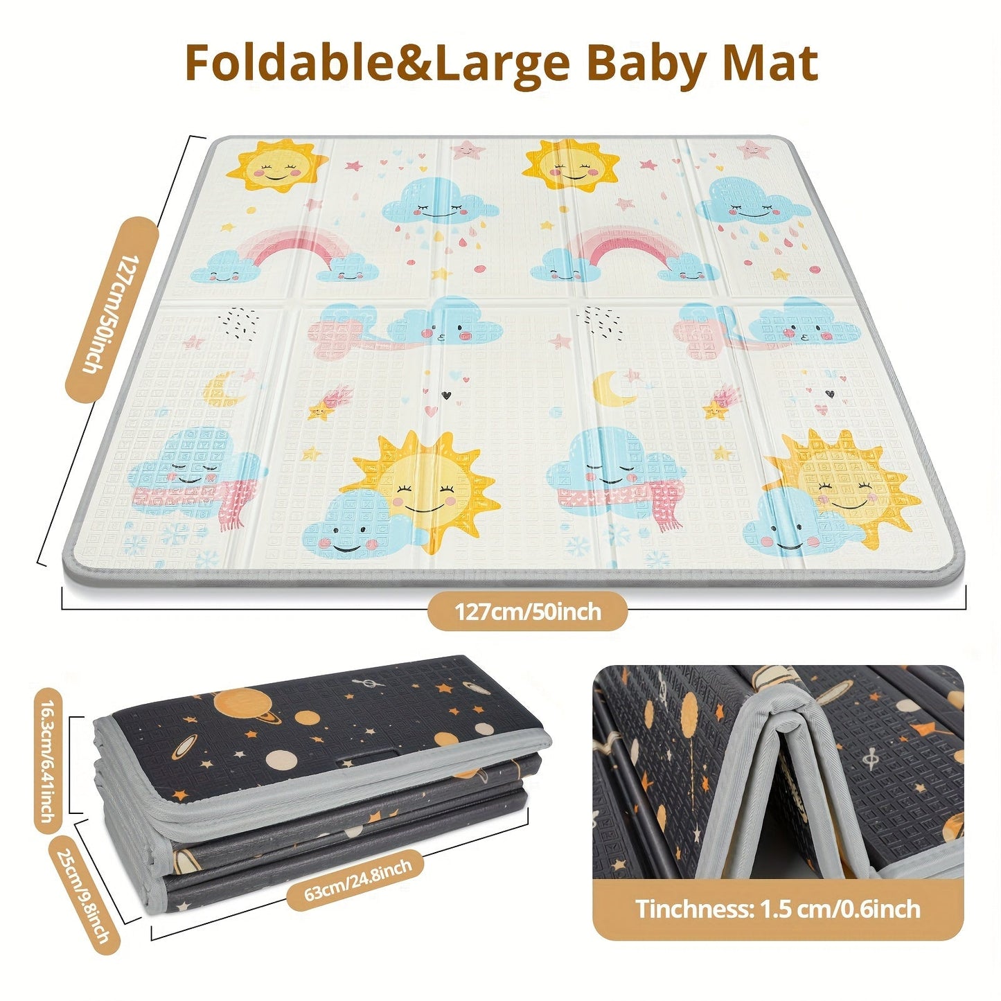 1 piece Play Mat measuring 127.0 x 127.0 cm and 1.52 cm thick. This reversible mat features a waterproof PE surface and is easily foldable. With a double-sided design featuring both Zoo and Geometric patterns, this safe foam playmat is ideal for