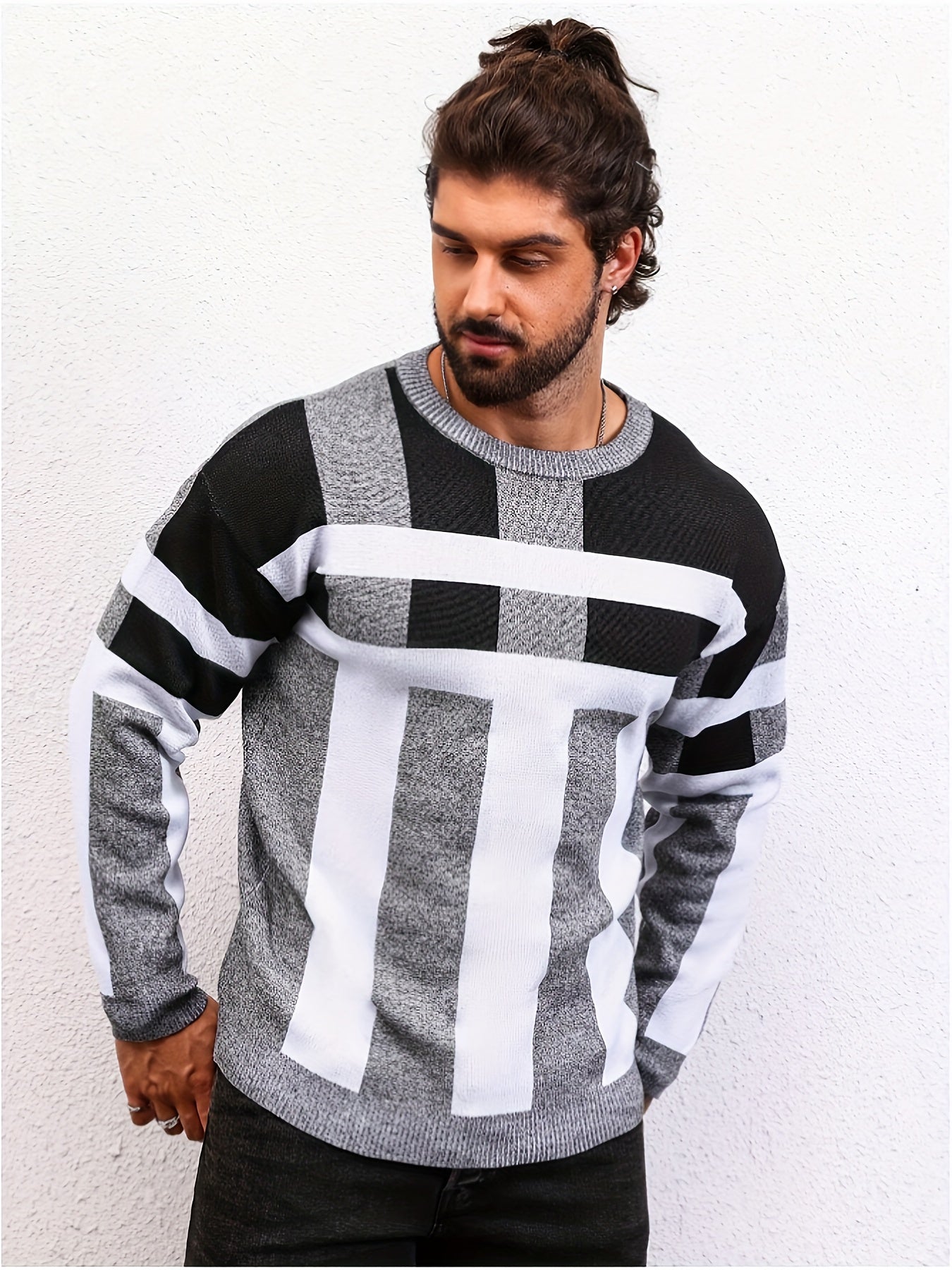 New men's fashion jacquard sweater for autumn and winter, casual tops pullover with long sleeve crew neck.