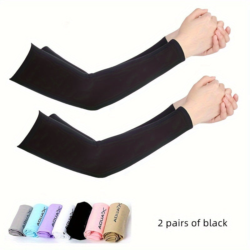 Protective arm sleeves made of high-elastic nylon ice fabric provide UV protection for various outdoor activities such as driving, fishing, running.