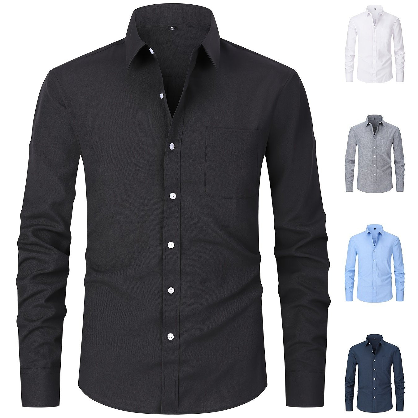 Men's loose fit cotton blend oxford dress shirt with long sleeves, single-breasted placket, mature lapel collar, solid color, and front pocket detail, perfect for spring and fall seasons.